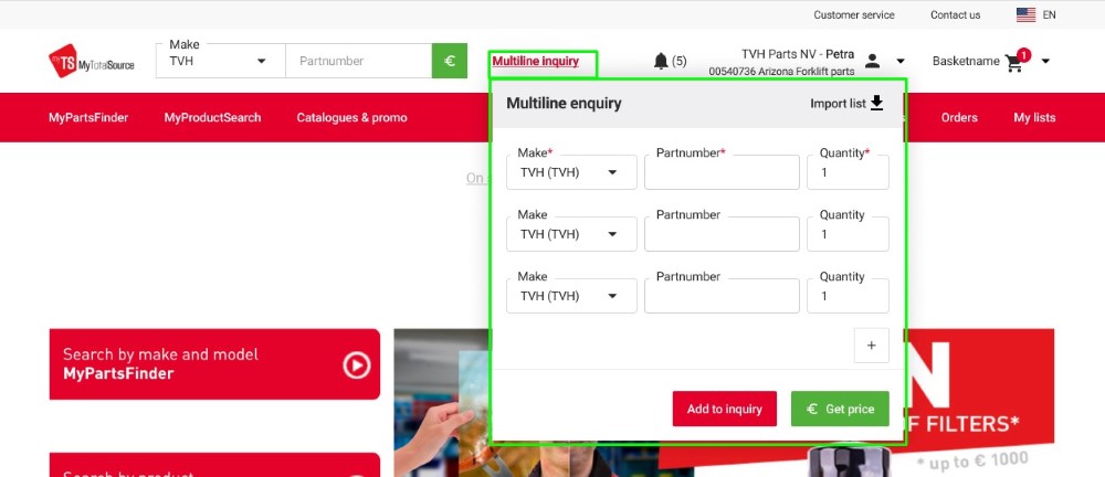 Quick multiline inquiry for multiple parts