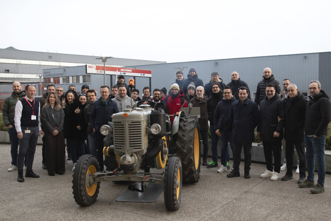 Argo Tractors Italia Partner Day. Bernard De Meester, Non-Executive Director at TVH; Claudio Giordano, Managing Director of TVH Italy; Landini and McCormick dealers; and members of the TVH and Argo Tractors teams gathered around a Landini Testacalda tractor owned by Paul Thermote, founder of TVH.