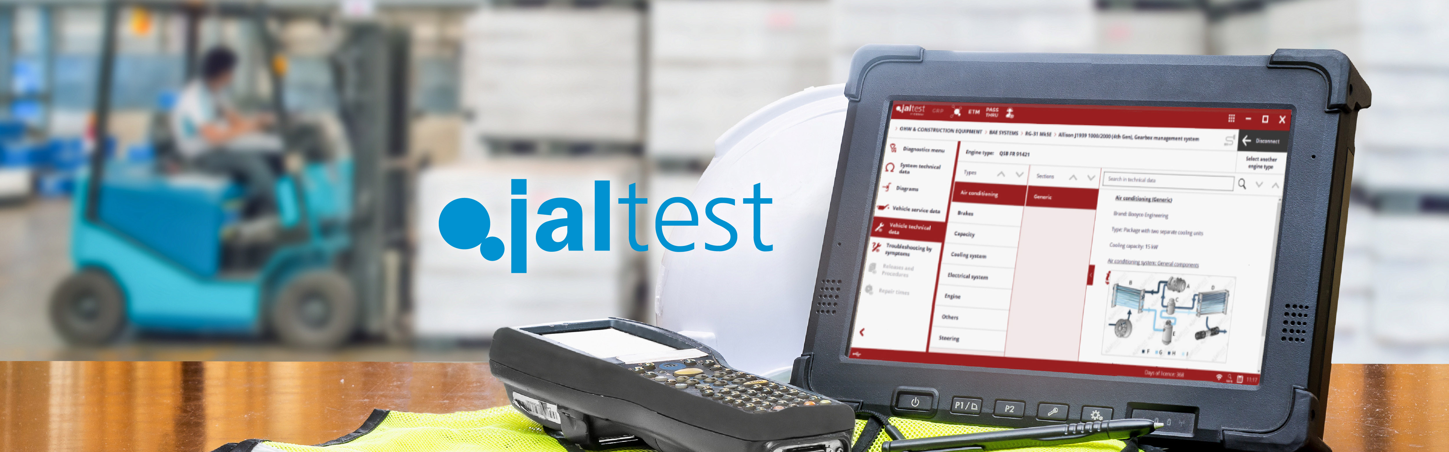 A technician uses the rugged Jaltest Diagnostics tablet interface to troubleshoot fault codes and view live machine data for industrial equipment, with a forklift in the blurred background.