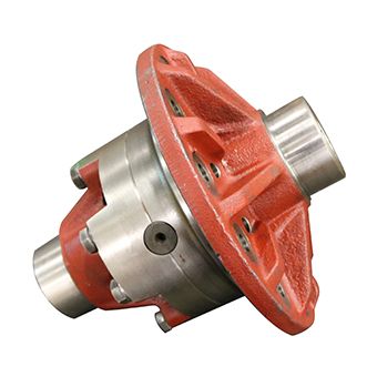 A metallic remanufactured differential assembly with a large, orange-red ring gear on one side. The main body is silver and has a visible bolt on the side